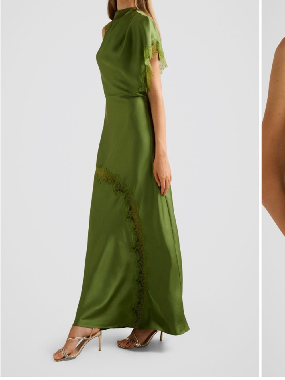 EVER NEW Olive Green Satin Lace Trim Maxi Dress
